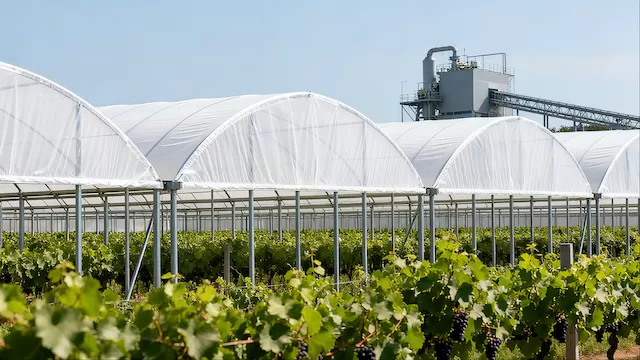 Exterior view of connected greenhouses, modern grape planting base